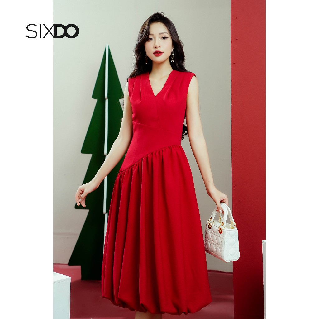 Đầm sát nách cổ V xòe bồng thời trang SIXDO (Dark Red V-neck Midi Woven Dress)