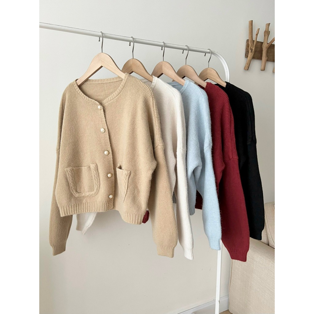 Áo Khoác Cardigan len Cúc Ngọc Tiểu Thư, áo cardigan len trơn phối túi trước siêu dễ thương siêu sah chảnh TX 48