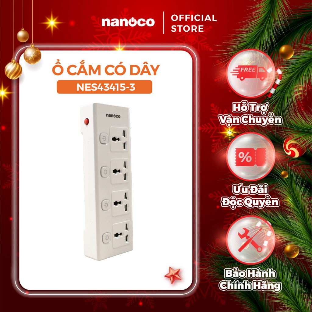 Ổ cắm có dây Nanoco model NES43415-3 (4 ổ đa năng, 4 công tắc, dây điện 3m)