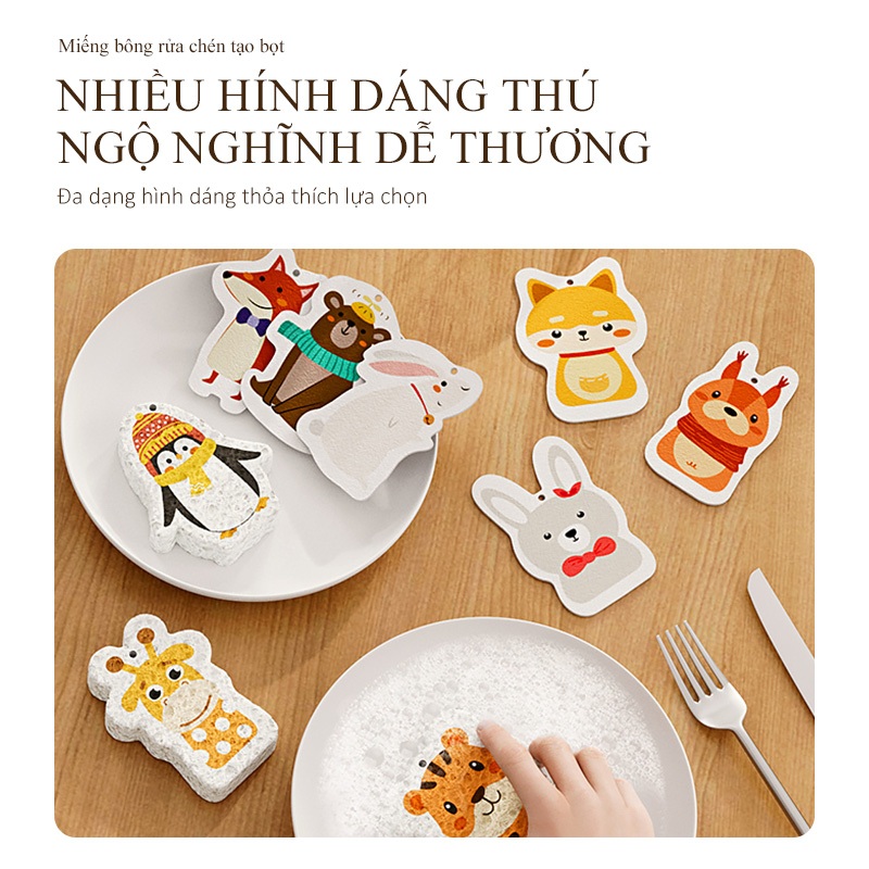 Miếng Xếp Rửa Bát Nhiều Hình Đáng Yêu Thiết Kế Nén Nở Khi Ngấm Nước Tạo Bọt Nhanh Chóng Giúp Dọn Dẹp Nhà Bếp