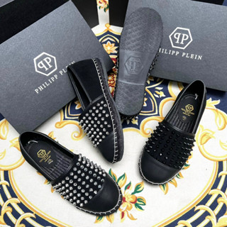 Giày cói slipon lười nam Philipp Plein thân tag đinh mũi da đế cói đen khâu ép cao su nổi hoạ tiết GS97P