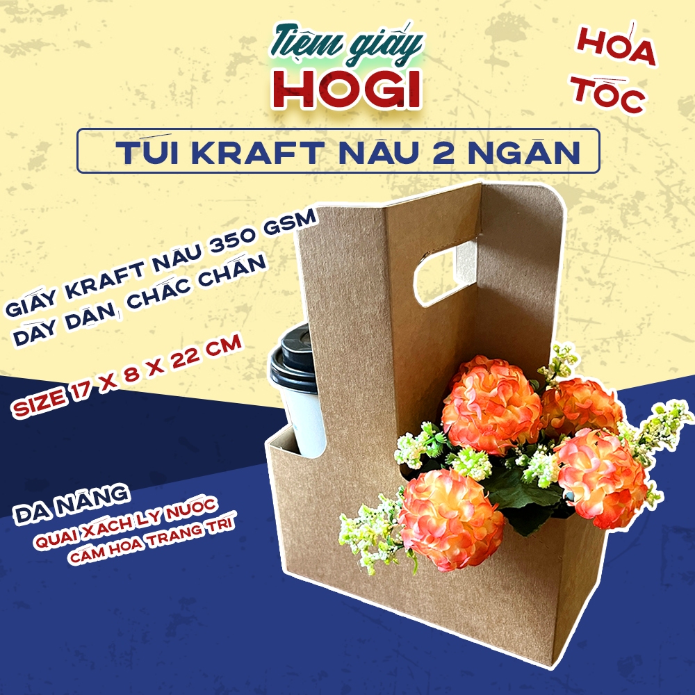 Túi giấy kraft 2 ngăn HOGI, khay giấy kraft đựng ly nước và hoa 2 ngăn take away siêu dày tiện lợi, 