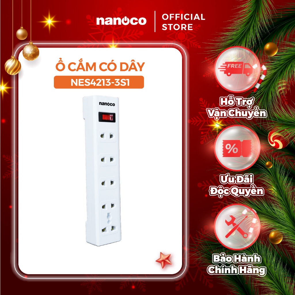 Ổ cắm có dây Nanoco model NES4213-3S1 (1 ổ đa năng, 4 ổ 2 chấu, 1 công tắc, dây điện 3m)