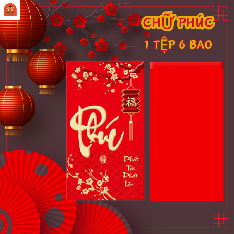 Tập 6 bao lì xì tết 2024 nhiều lớp màu đỏ nhung chữ vàng / Lì xì tết 6 cái / tập
