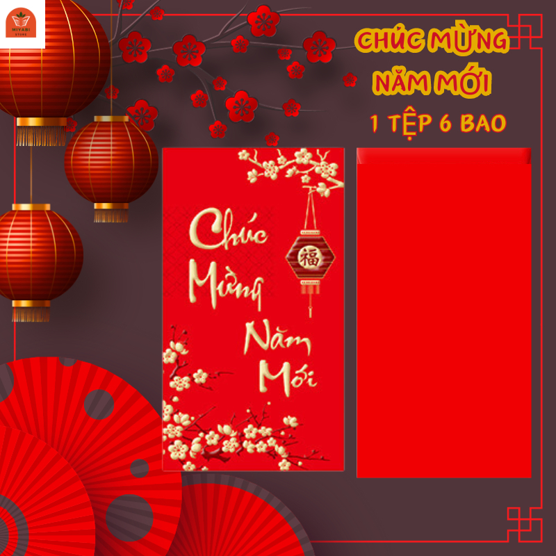 Tập 6 bao lì xì tết 2024 nhiều lớp màu đỏ nhung chữ vàng / Lì xì tết 6 cái / tập
