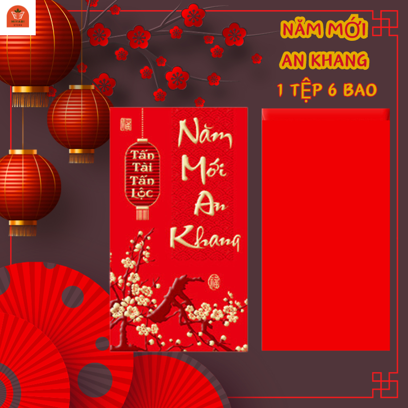 Tập 6 bao lì xì tết 2024 nhiều lớp màu đỏ nhung chữ vàng / Lì xì tết 6 cái / tập