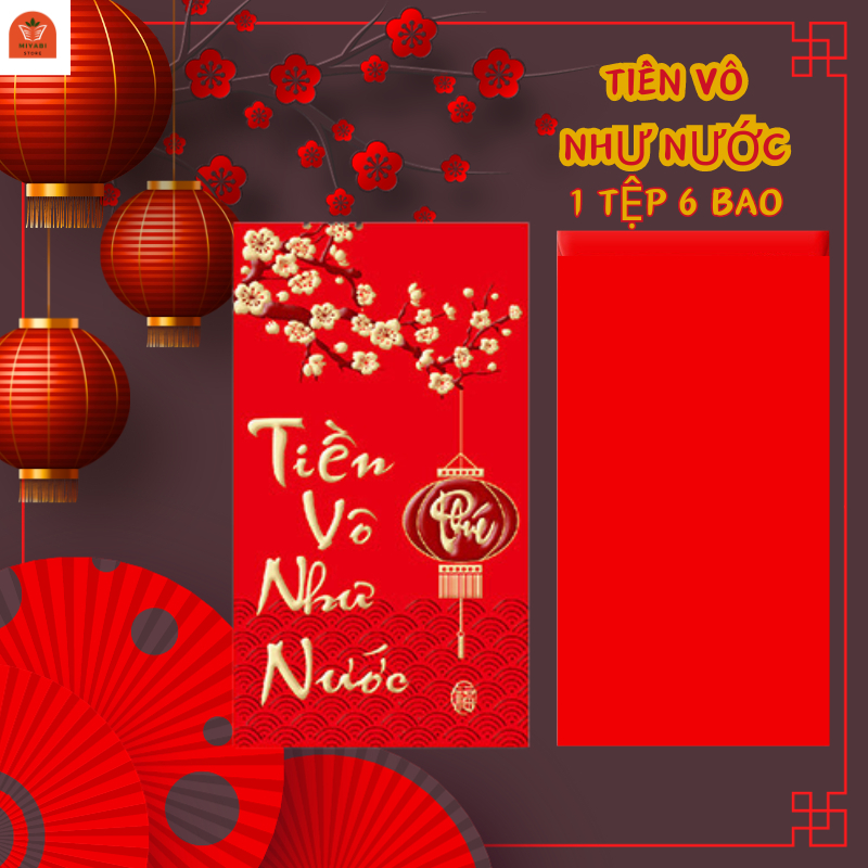 Tập 6 bao lì xì tết 2024 nhiều lớp màu đỏ nhung chữ vàng / Lì xì tết 6 cái / tập