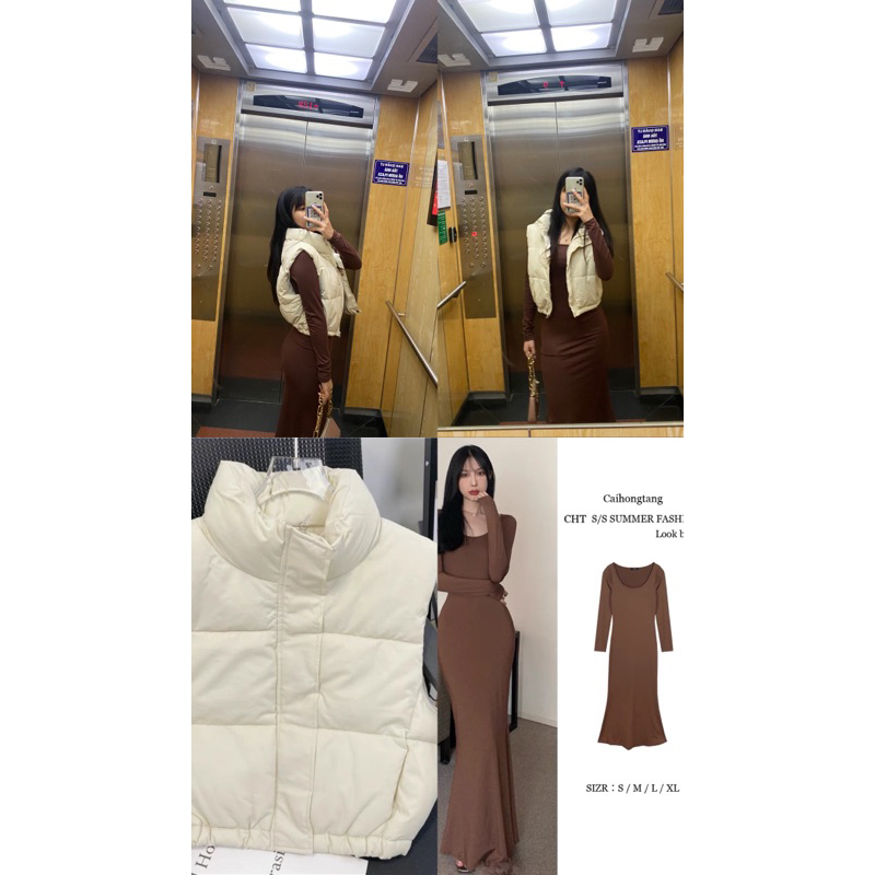váy dài tay body sexy + áo phao ghile croptop #DHN327