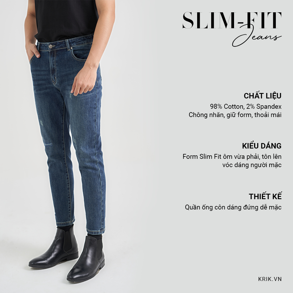 Quần Jean Nam Local Brand KRIK Form Slimfit Chất Liệu Cao Cấp Màu Xanh Đậm Rách Xước QJ6019