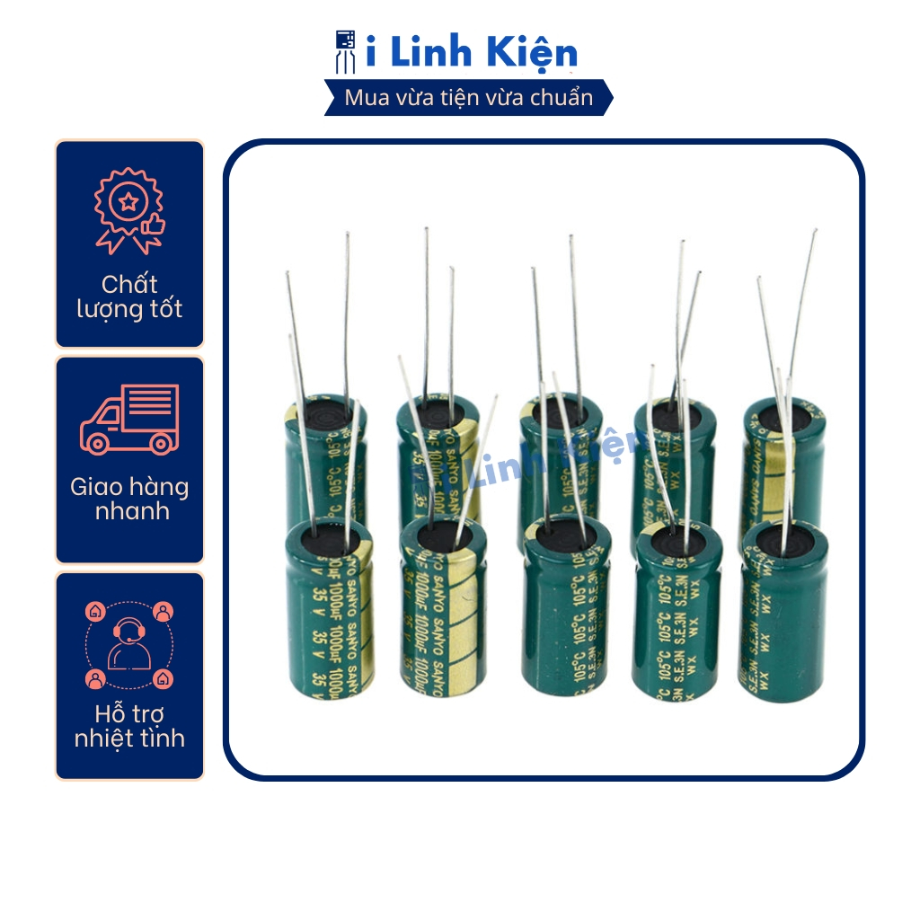 Tụ hóa 1000UF35V 35v1000uF màu xanh lá cây chữ vàng 10x20 tần số cao.