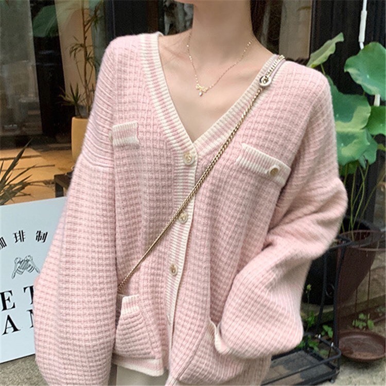 Áo Khoác, Áo Cadigan Len Hồng Cúc Ngọc Tiểu Thư Siêu Xinh