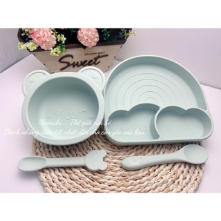 Set bát kèm khay ăn dặm silicon misan có đế hít chống lật chống đổ chống trượt cho bé ăn dặm mamabu