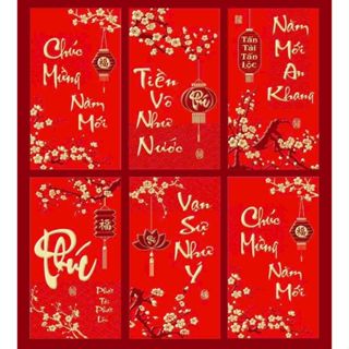 Lốc 6 tập bao lì xì tết nhiều lớp màu đỏ nhung chữ vàng bao sang trọng mừng tuổi
