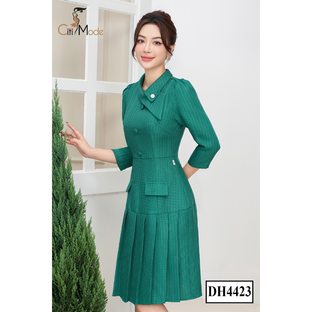 Đầm công sở CITI MODE FASHION thiết kế dáng xoè dạ tweed xanh phối chân váy xếp ly DH4423