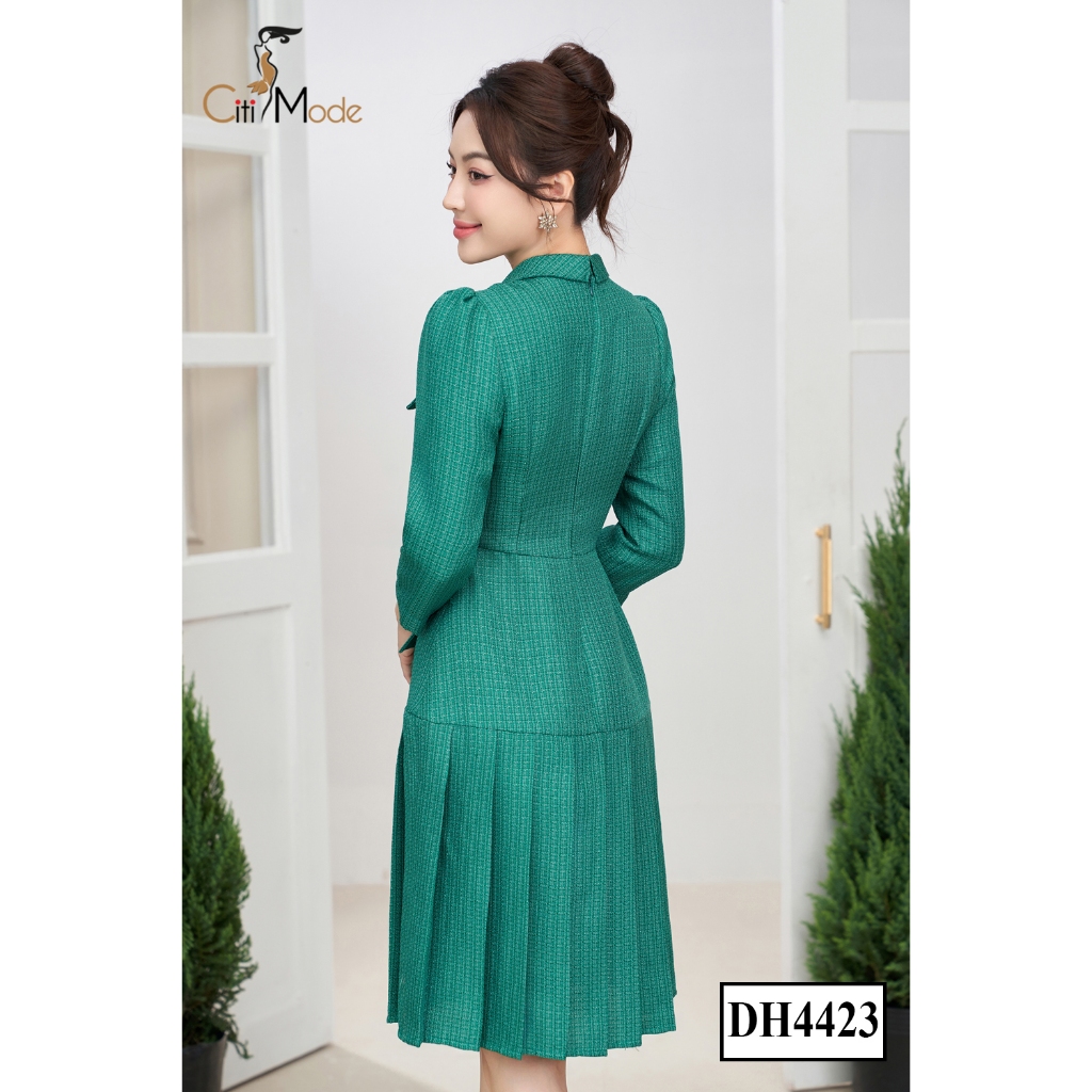 Đầm công sở CITI MODE FASHION thiết kế dáng xoè dạ tweed xanh phối chân váy xếp ly DH4423