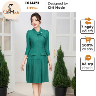 Đầm công sở CITI MODE FASHION thiết kế dáng xoè dạ tweed xanh phối chân váy xếp ly DH4423