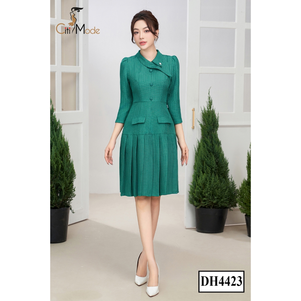 Đầm công sở CITI MODE FASHION thiết kế dáng xoè dạ tweed xanh phối chân váy xếp ly DH4423