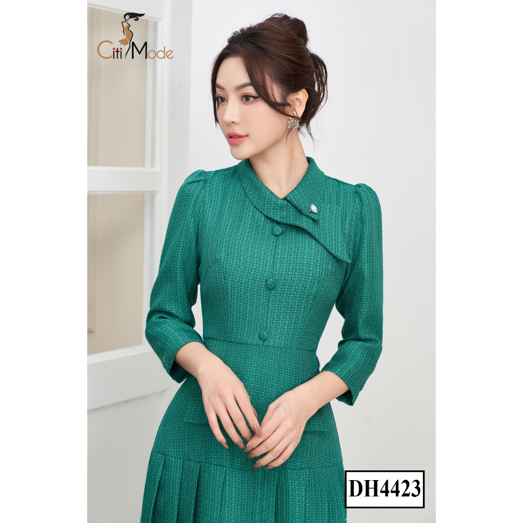 Đầm công sở CITI MODE FASHION thiết kế dáng xoè dạ tweed xanh phối chân váy xếp ly DH4423