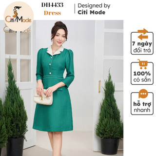 Đầm công sở CITI MODE FASHION thiết kế dáng xoè A dạ xanh cổ vest trắng DH4433