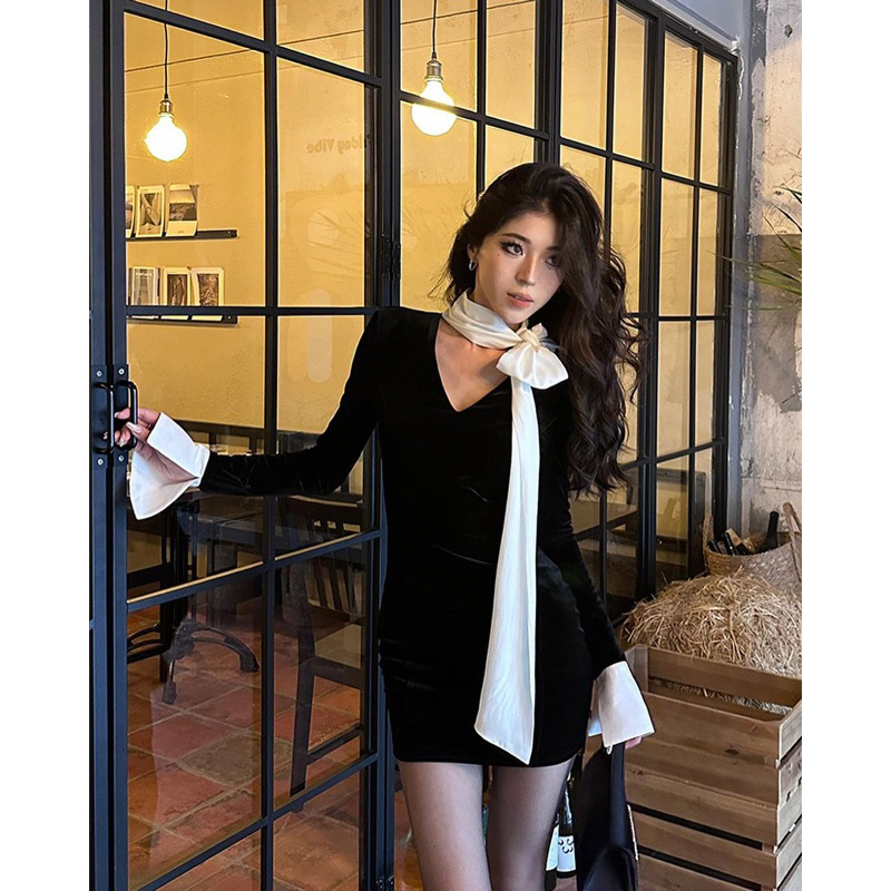 Đầm Body Nhung Tay Dài Sơ Mi Phối Khăn Choàng Cổ TIBU Váy Nữ Tôn Dáng Cổ V Sexy Sang Chảnh Quyến Rũ Đi Chơi Dự Tiệc