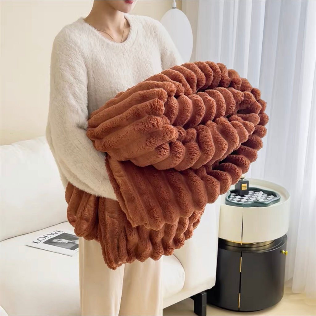 Chăn tuyết kẻ tăm Plus lông thỏ phiên bản nâng cấp, Mền tăm kẻ ngang chất liệu mềm mại ấm áp , không rụng lông Kt 2mx2m3