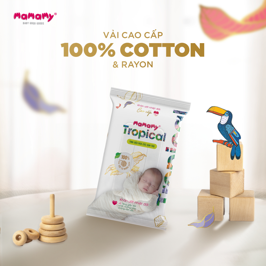 Lốc 10 gói khăn ướt Mamamy Tropical mini 10 tờ/gói chất liệu sợi 100% sợi tự nhiên và rayon