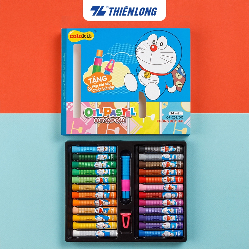 Bút sáp dầu học sinh màu Pastel Thiên Long Colokit phiên bản Doraemon OP-C09/DO 24 màu - tặng kẹp chống bẩn và chuốt sáp