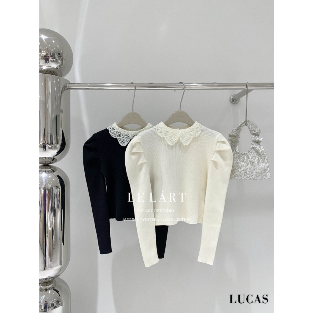 Áo len tăm cổ tàu viền bẻ ren tay dài bồng vai