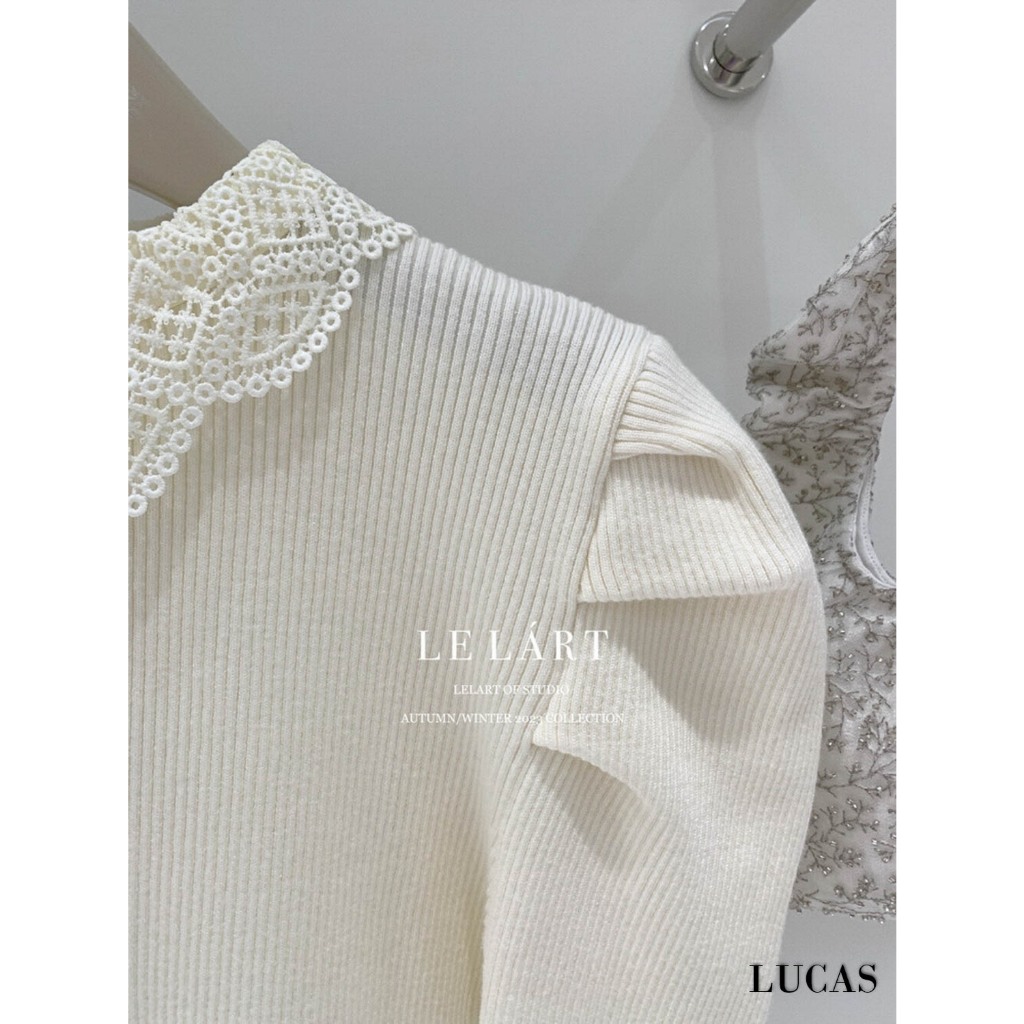 Áo len tăm cổ tàu viền bẻ ren tay dài bồng vai