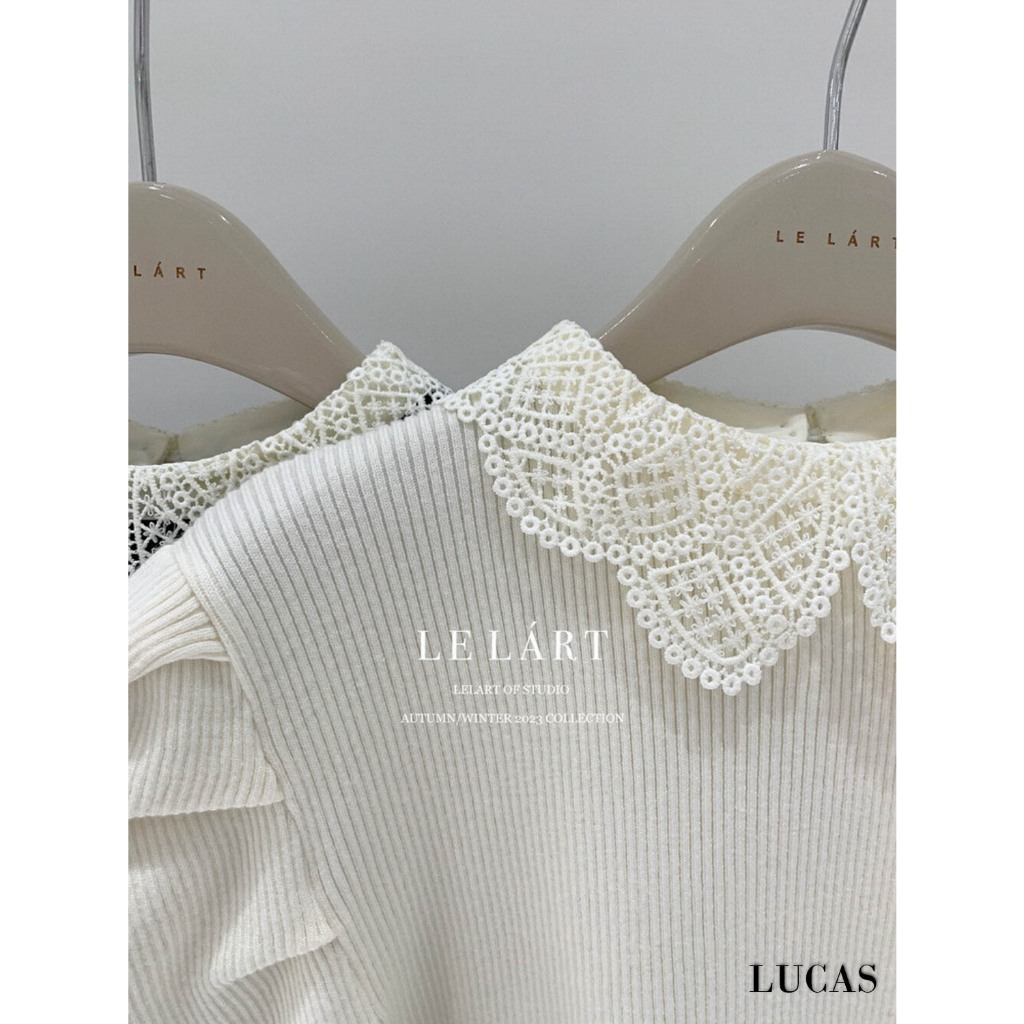 Áo len tăm cổ tàu viền bẻ ren tay dài bồng vai