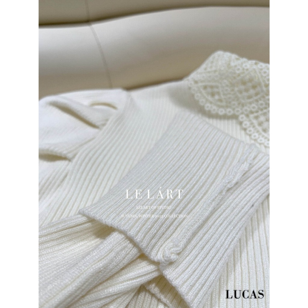 Áo len tăm cổ tàu viền bẻ ren tay dài bồng vai