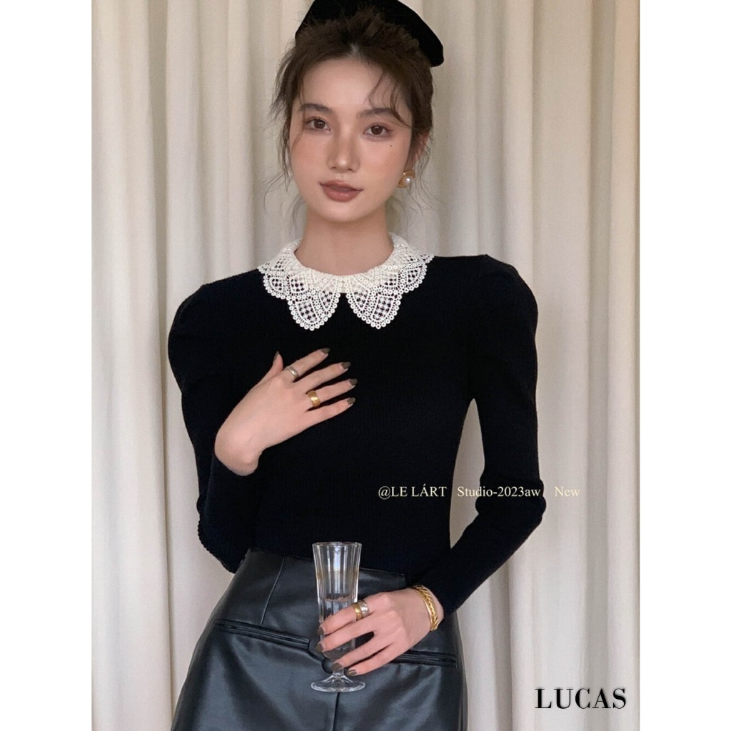 Áo len tăm cổ tàu viền bẻ ren tay dài bồng vai
