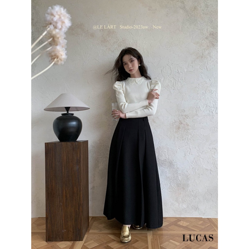 Áo len tăm cổ tàu viền bẻ ren tay dài bồng vai