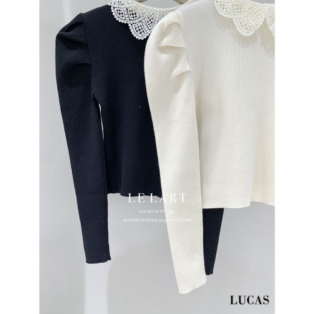 Áo len tăm cổ tàu viền bẻ ren tay dài bồng vai