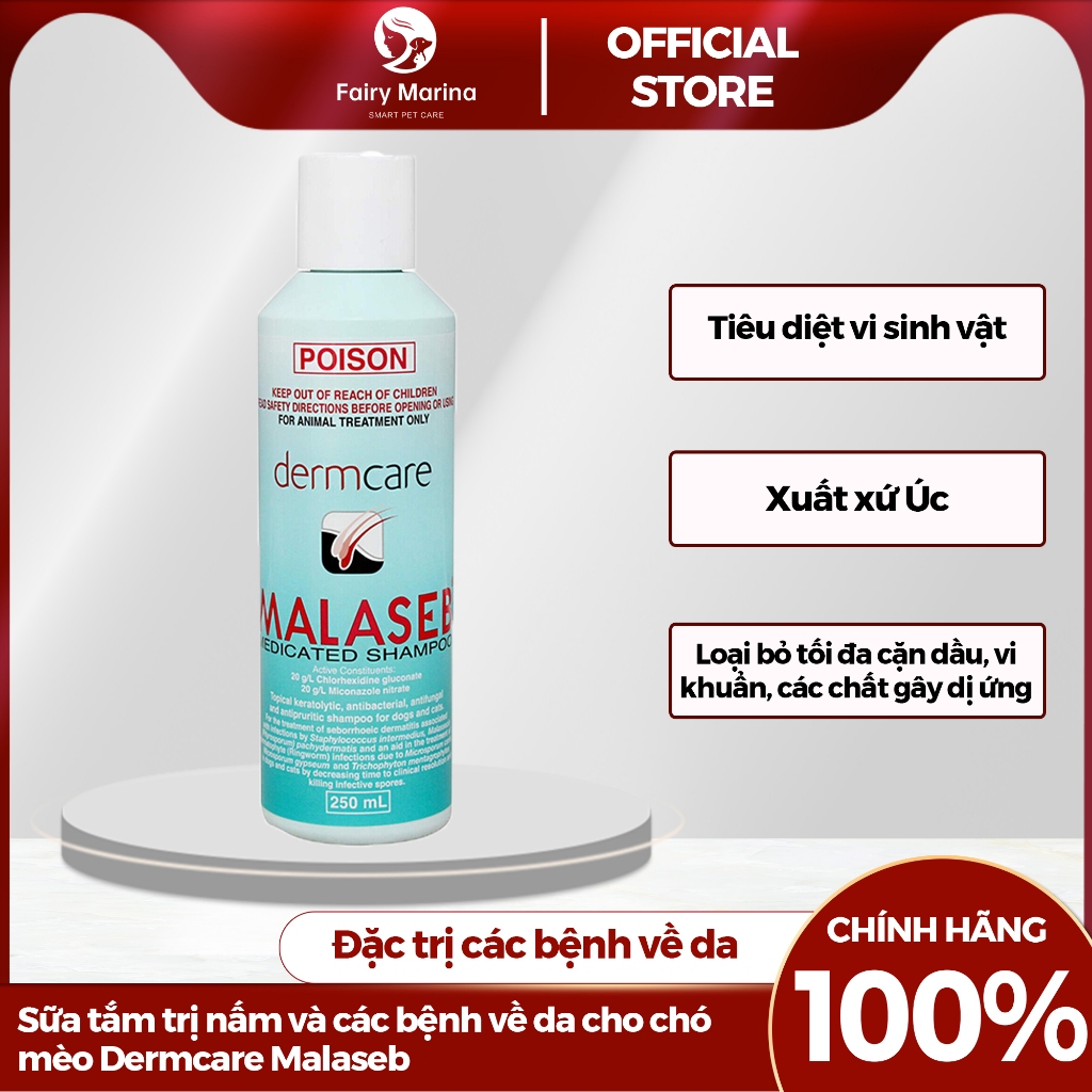 Sữa tắm loại bỏ nấm và viêm da cho chó mèo Dermcare Malaseb, dầu gội loại bỏ ghẻ dị ứng chai 250ml - Fairy Marina