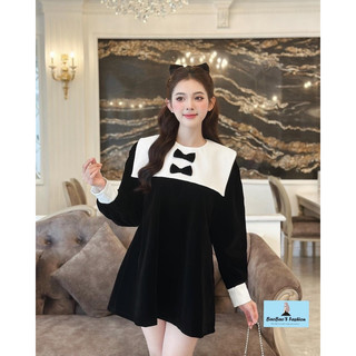 Đầm nhung babydoll phối trắng đính nơ
