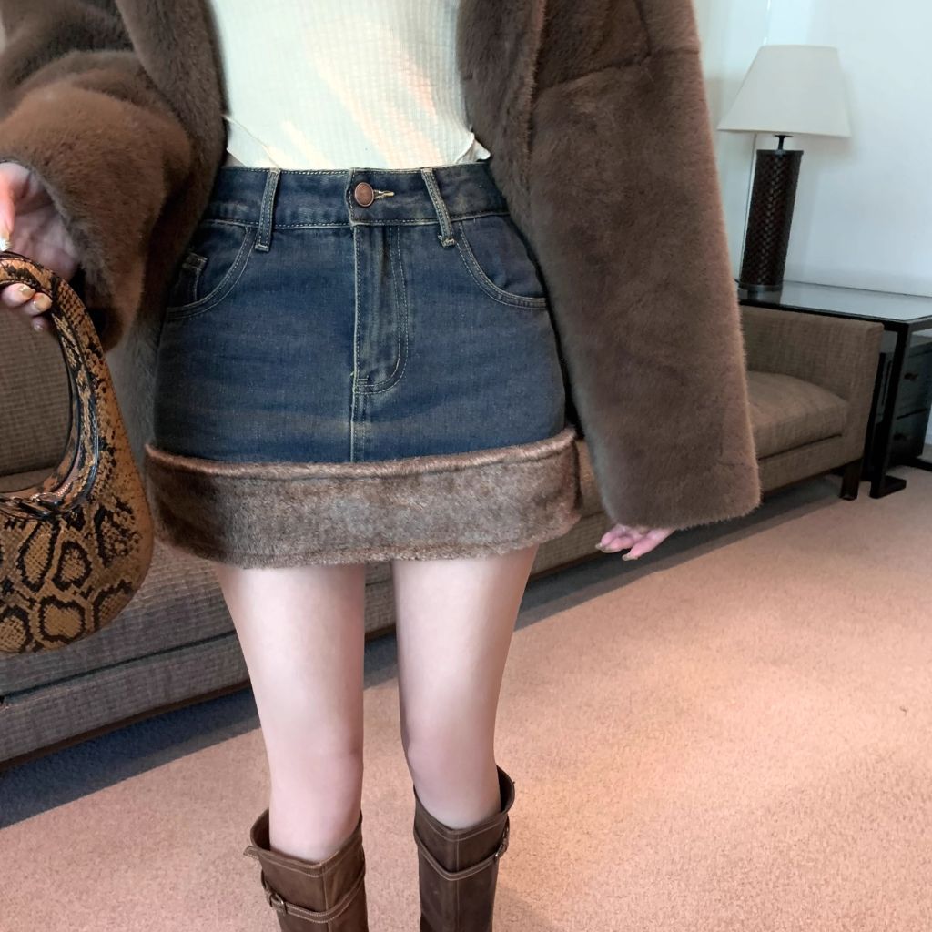 Chân váy jean viền lông, Chân váy jean chữ A dáng ngắn hàng order Taobao nhà Oanhdilys