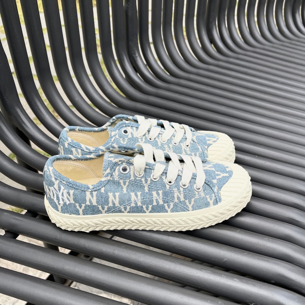 Giày MLB Playball Monogram denim xanh nhạt chính hãng, giày bánh mì nữ MLB chữ NY thêu