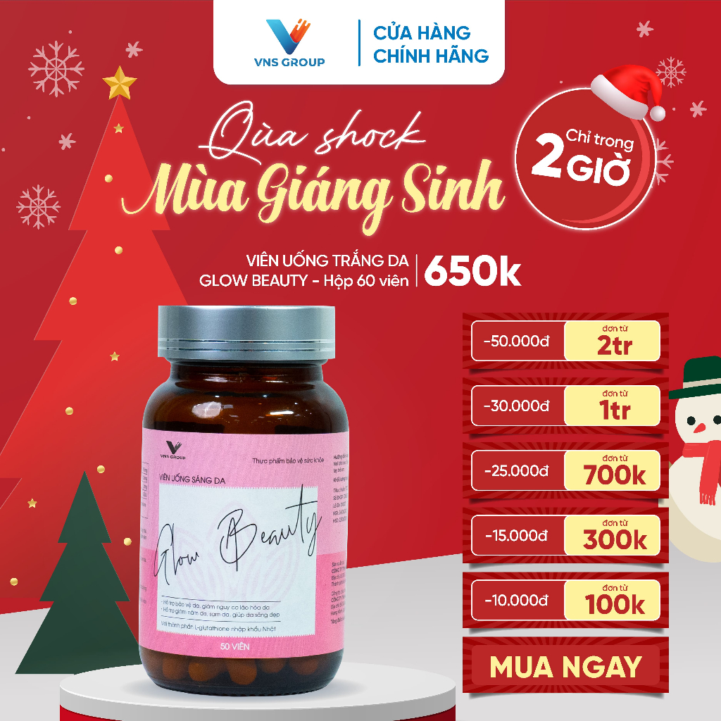 Viên uống trắng da Glow Beauty VNS Group giảm nám, tàn nhang và chống lão hóa cao cấp hộp 50 viên