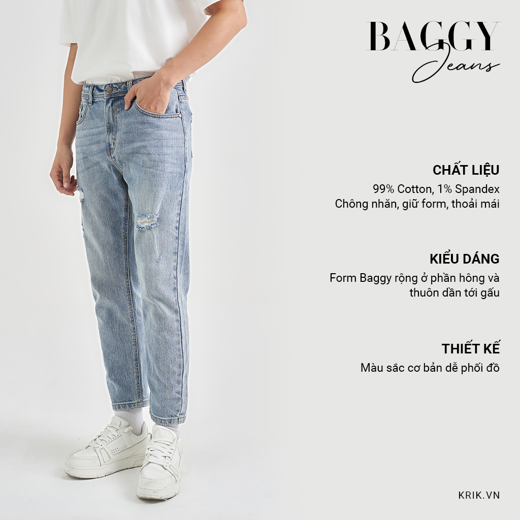 Quần Jean Nam Local Brand KRIK Form Baggy Chất Liệu Cao Cấp Màu Xanh Rách Xước Cá Tính QJ6023
