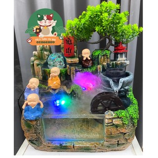 Hòn bon bộ mini tiểu cảnh thác nước kèm chú tiểu tứ không, bơm đèn bi quay