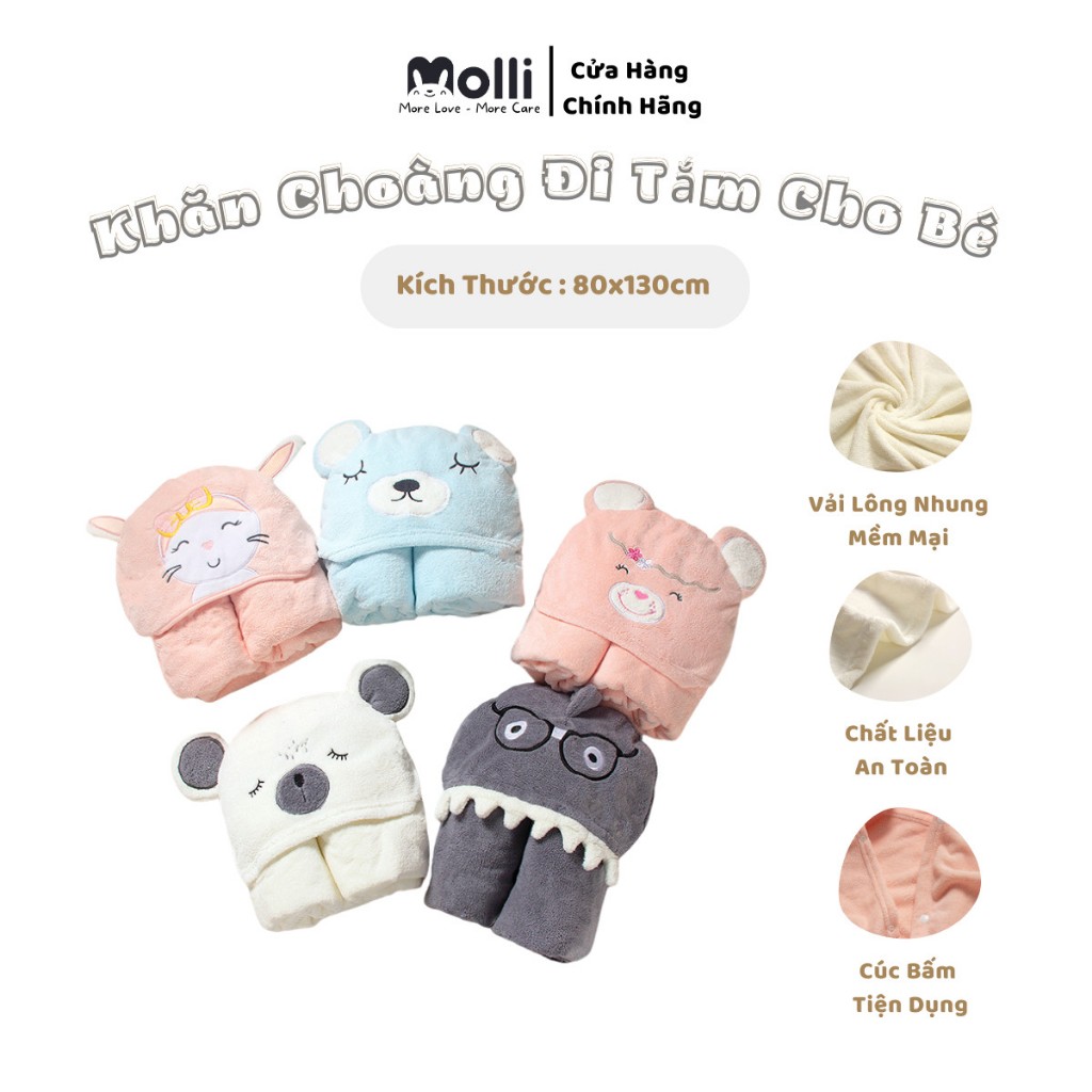 Áo Choàng , Ủ Choàng Đi Tắm Cho Bé Chính Hãng Molli , Vải Nhung San Hô Mềm Mại , Kích Thước 80x130cm