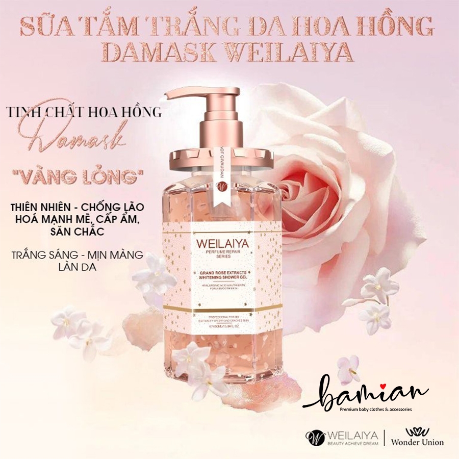 Sữa gel tắm trắng da WEILAIYA hương nước hoa hồng Damask dưỡng ẩm da trắng sáng mịn màng