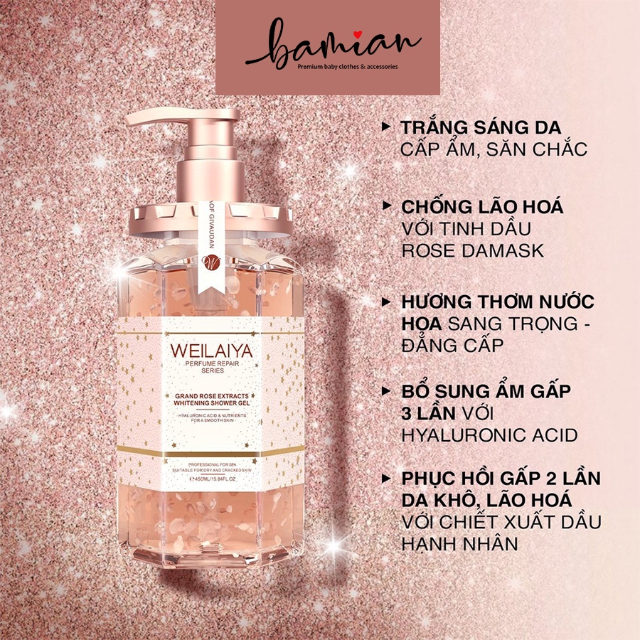 Sữa gel tắm trắng da WEILAIYA hương nước hoa hồng Damask dưỡng ẩm da trắng sáng mịn màng