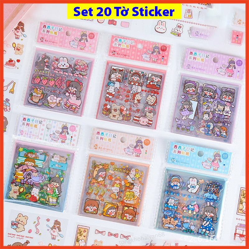 Set 20 tờ sticker họa tiết hoạt hình mẫu mã đa dạng trang trí sổ tay chống thấm nước thiết kế đơn giản tiện dụng