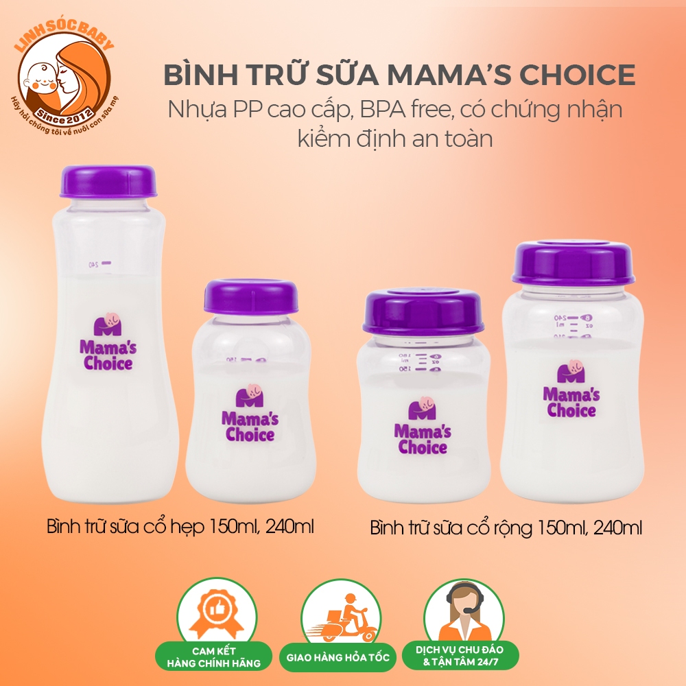 Bình trữ sữa Mama Choice 150-180-240ml | Bình đựng sữa cổ rộng, cổ hẹp dùng cho máy hút sữa Medela, Fatz, Spectra, Avent