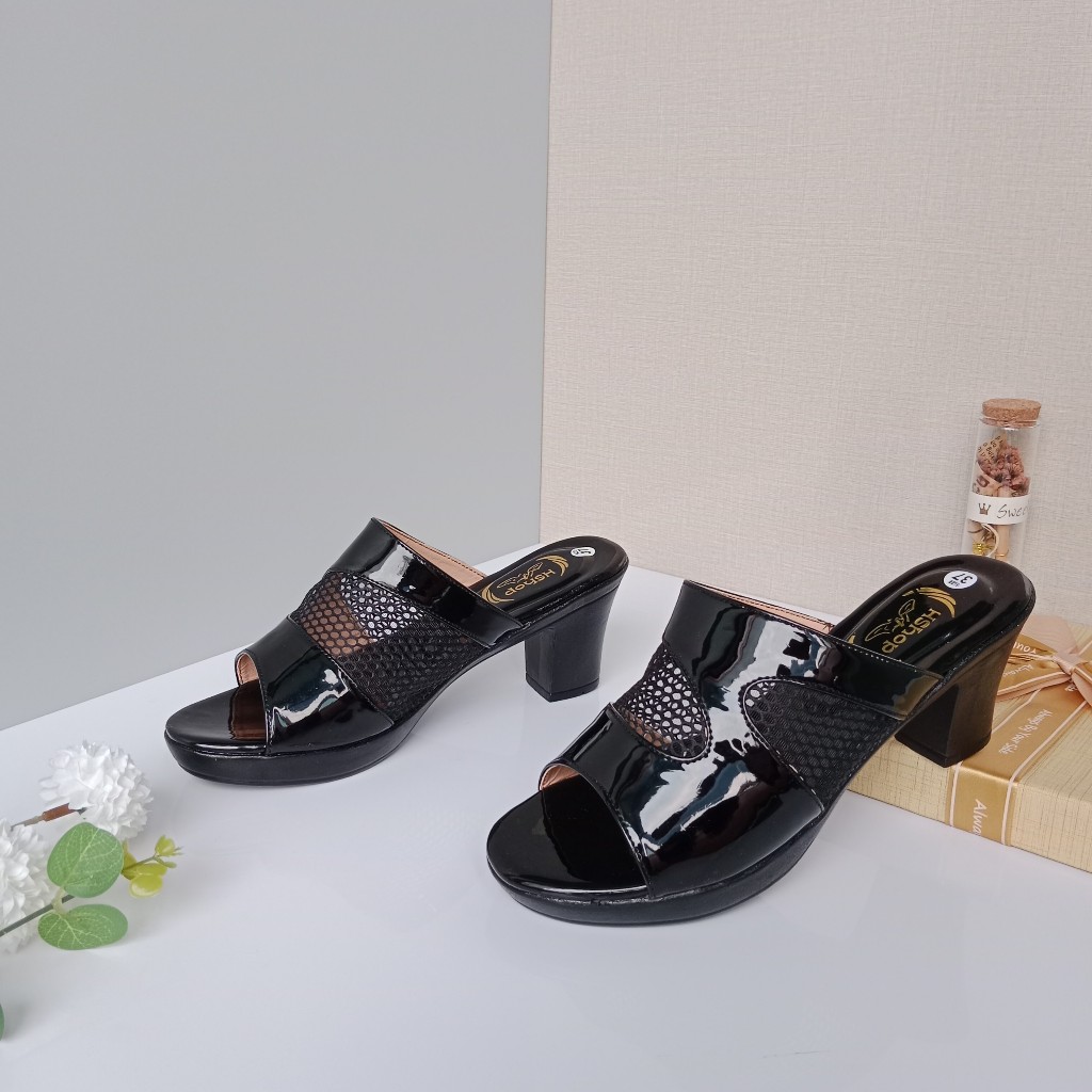 Dép cao gót nữ mẫu quai lưới pha da gót vuông 3 phân, 5 phân, 7 phân và 8 phân bền đẹp, Thời Trang KH07 mẫu quai lưới