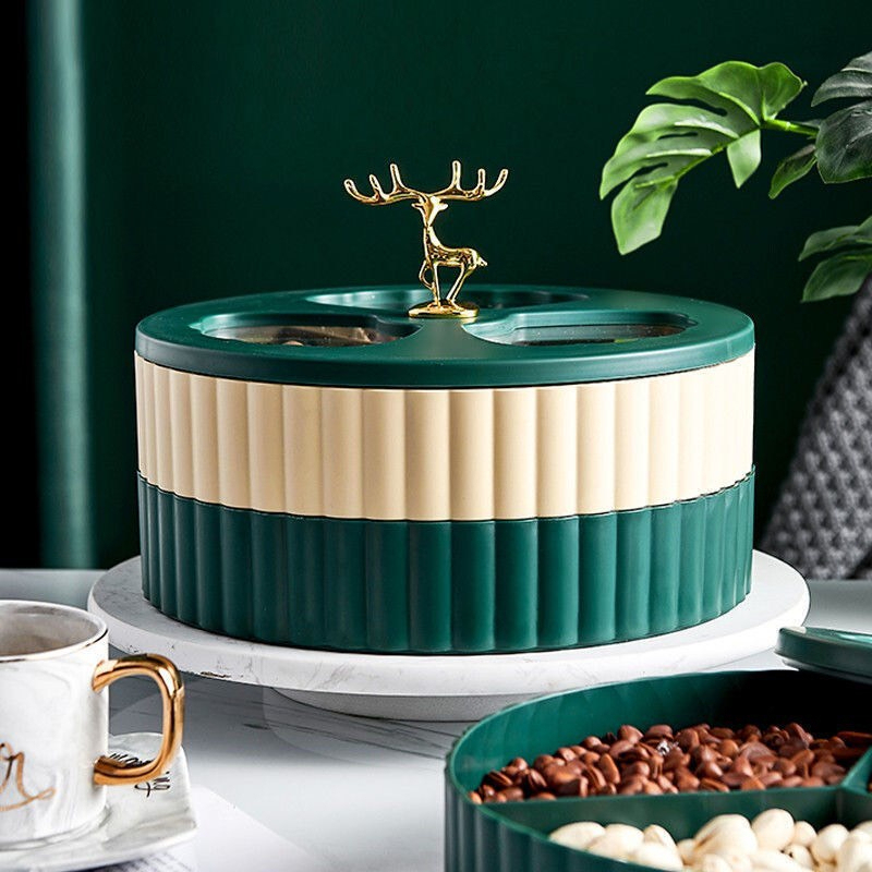Khay mứt tết, khay đựng mứt bánh kẹo 2 tầng nắp hươu