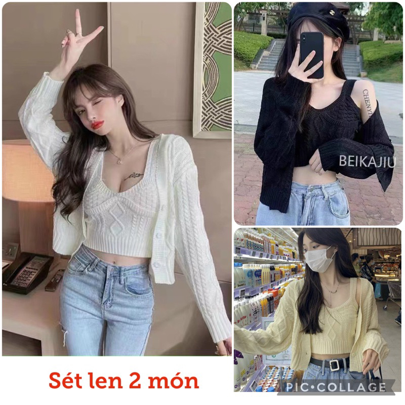 SÉT LEN 2 món Cadigan kèm áo 2 dây VẶN THỪNG siêu tôn dáng