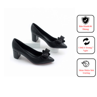 Giày cao gót 5cm đế vuông mũi nhọn nơ ấu màu đen pixie p284
